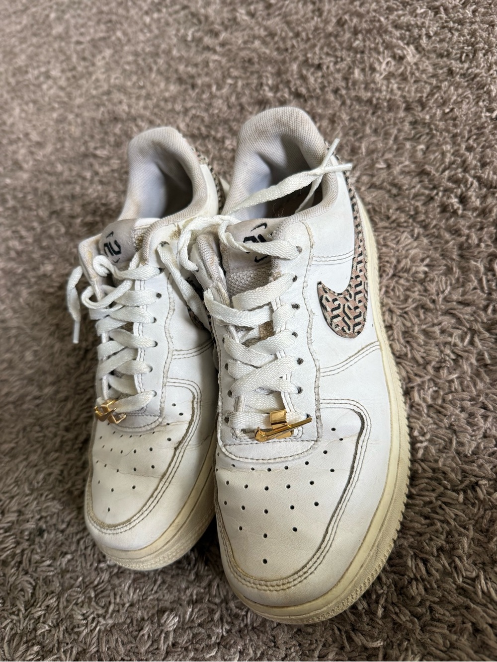 Nike White Leather Sneakers with Leopard-Pattern Swoosh and Gold Lace Charms